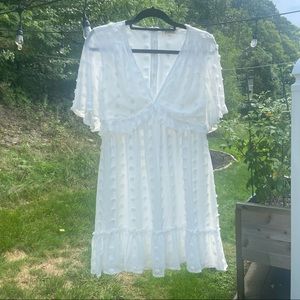 White Flowy Pom Pom Dress - Babydoll style